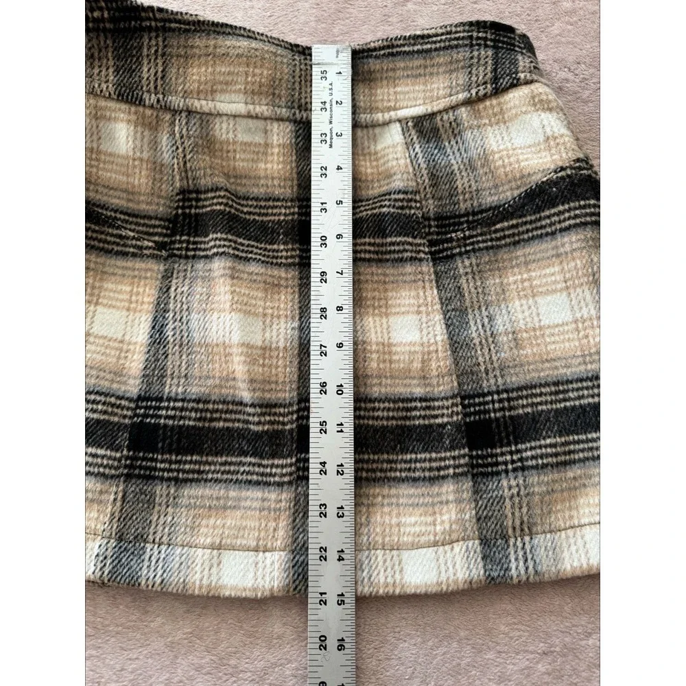 Free People Women's Ari Wrap Skirt Beige Black Plaid Mini‎ Belted Wool Size 2